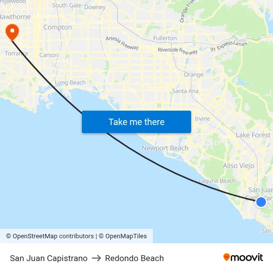 San Juan Capistrano to Redondo Beach map