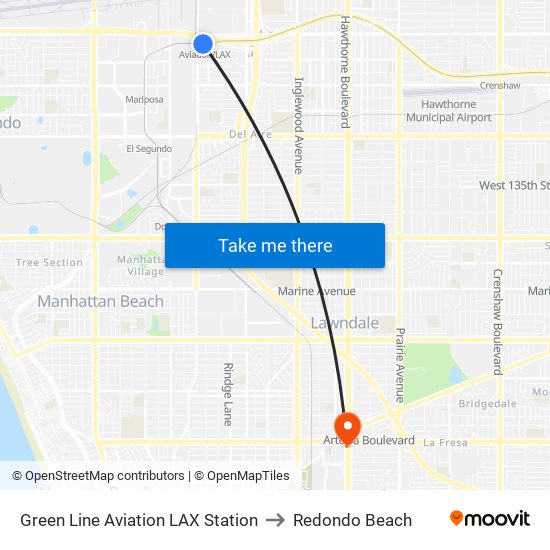 Green Line Aviation LAX Station to Redondo Beach map