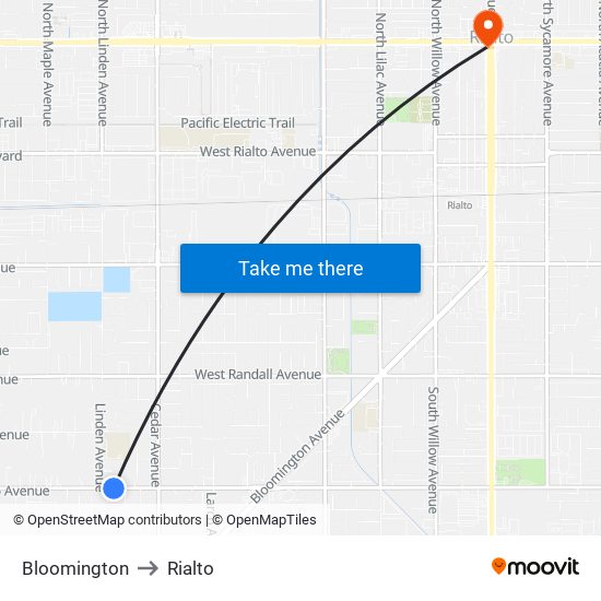 Bloomington to Rialto map