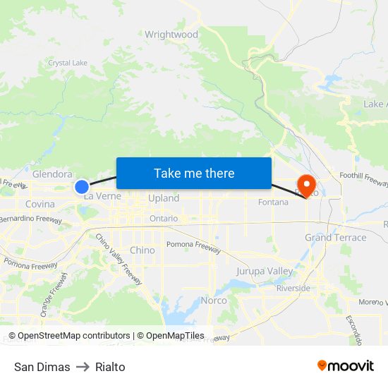 San Dimas to Rialto map