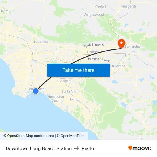 Downtown Long Beach Station to Rialto map