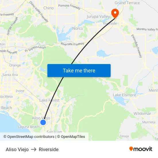 Aliso Viejo to Riverside map