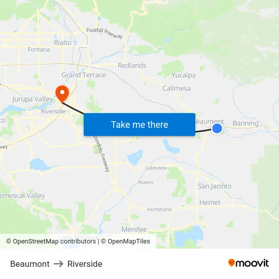 Beaumont to Riverside map