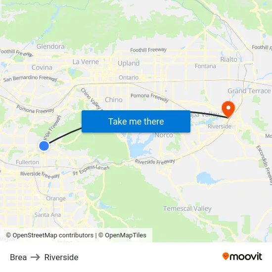 Brea to Riverside map