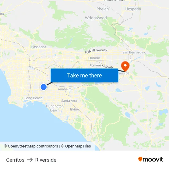 Cerritos to Riverside map
