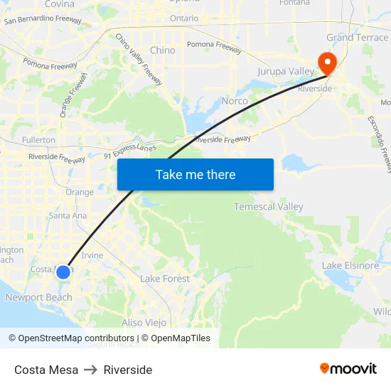 Costa Mesa to Riverside map