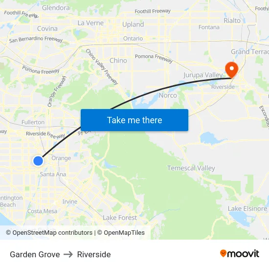 Garden Grove to Riverside map