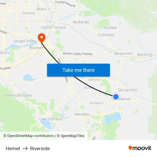 Hemet to Riverside map