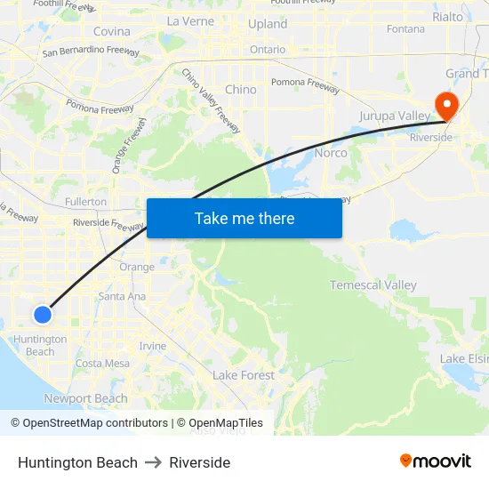 Huntington Beach to Riverside map