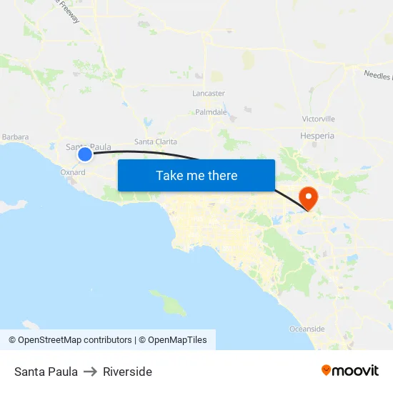 Santa Paula to Riverside map