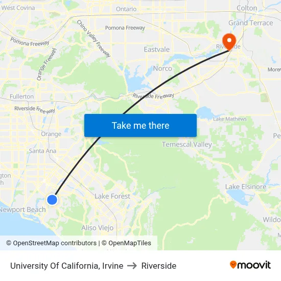 University Of California, Irvine to Riverside map