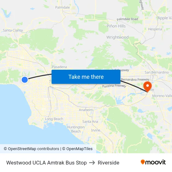Westwood UCLA Amtrak Bus Stop to Riverside map