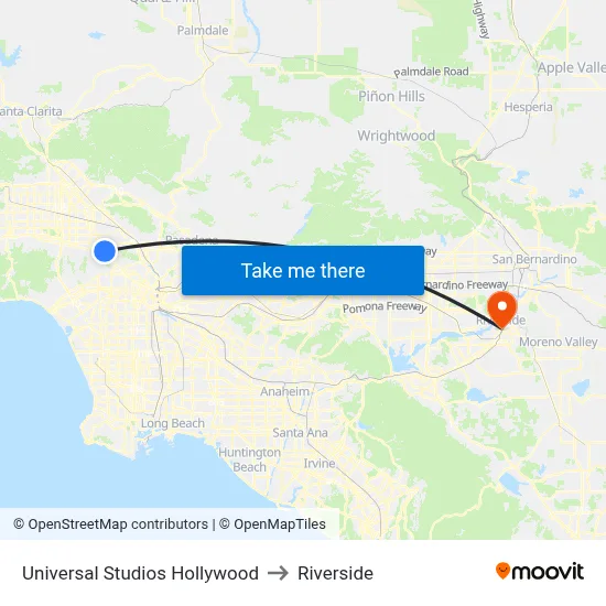 Universal Studios Hollywood to Riverside map