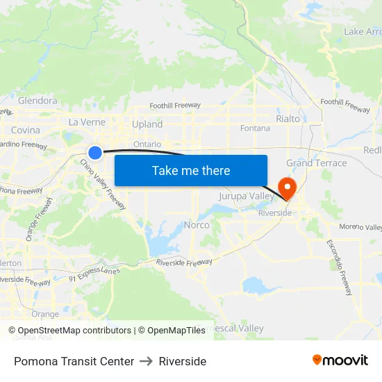 Pomona Transit Center to Riverside map