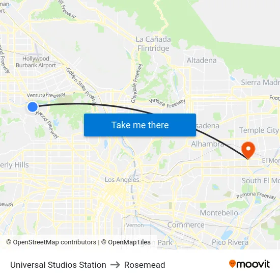 Universal Studios Station to Rosemead map