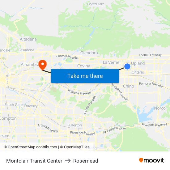 Montclair Transit Center to Rosemead map