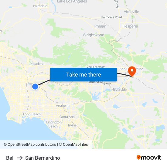 Bell to San Bernardino map