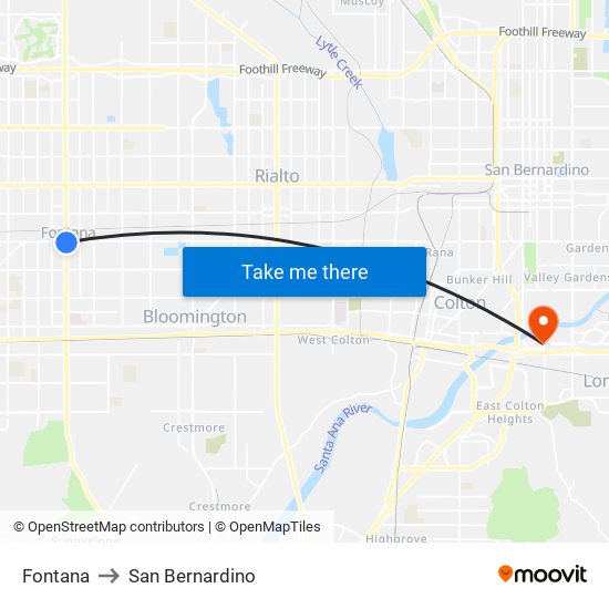 Fontana to San Bernardino map