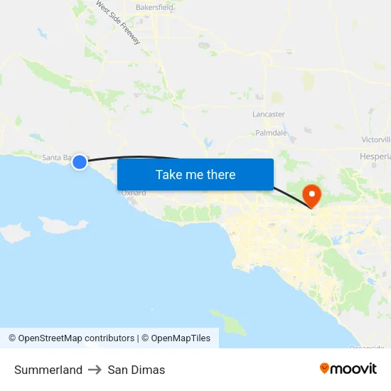 Summerland to San Dimas map