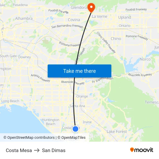 Costa Mesa to San Dimas map