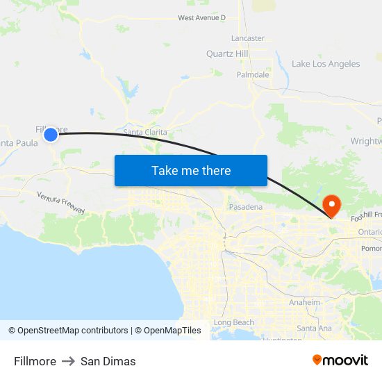 Fillmore to San Dimas map