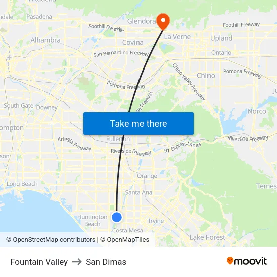 Fountain Valley to San Dimas map