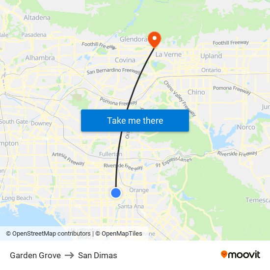 Garden Grove to San Dimas map