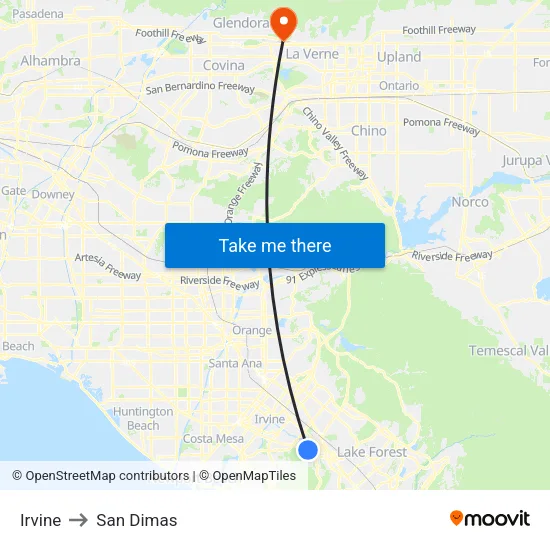 Irvine to San Dimas map