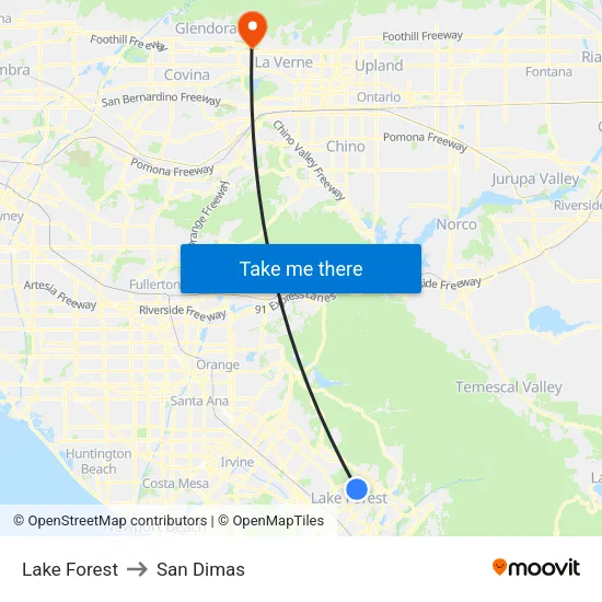 Lake Forest to San Dimas map