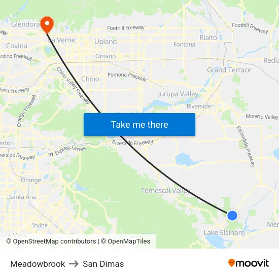 Meadowbrook to San Dimas map