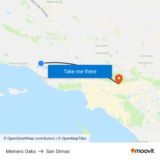 Meiners Oaks to San Dimas map