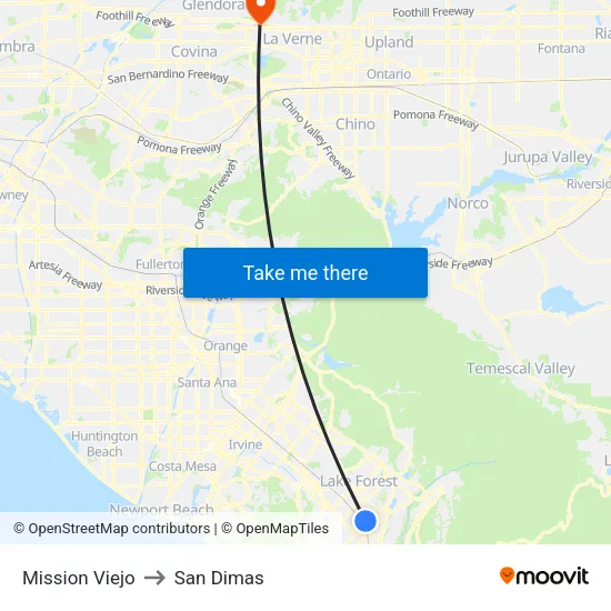 Mission Viejo to San Dimas map