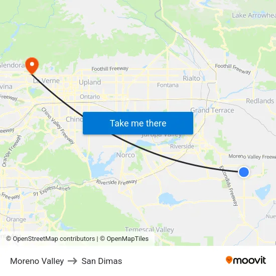 Moreno Valley to San Dimas map