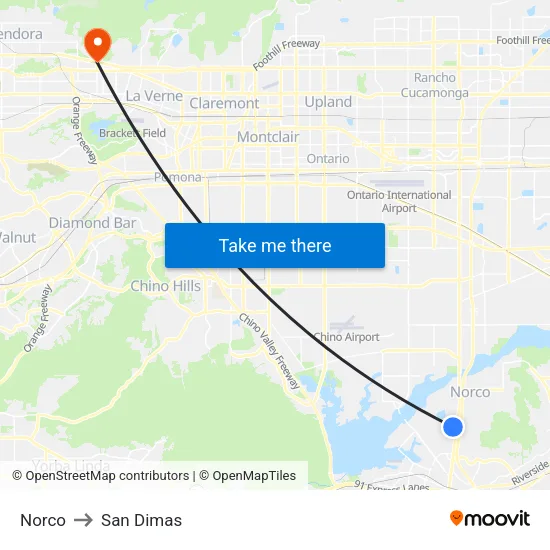 Norco to San Dimas map