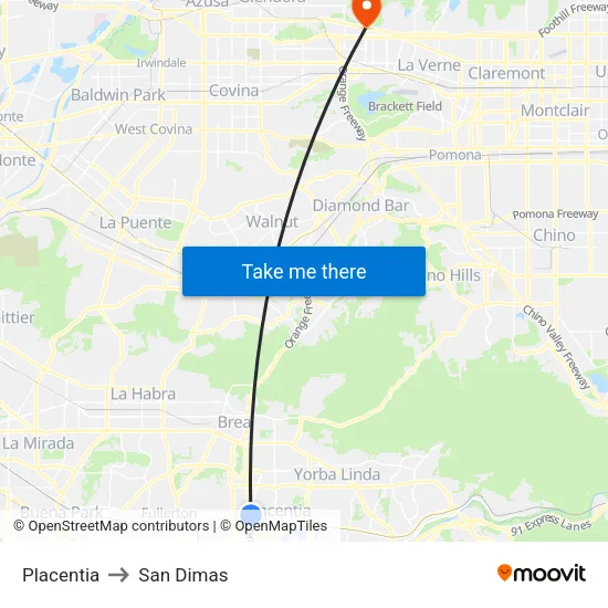 Placentia to San Dimas map