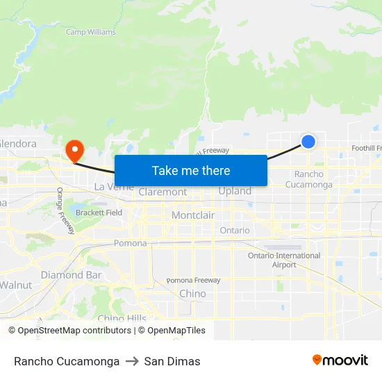 Rancho Cucamonga to San Dimas map