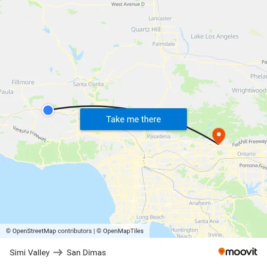 Simi Valley to San Dimas map