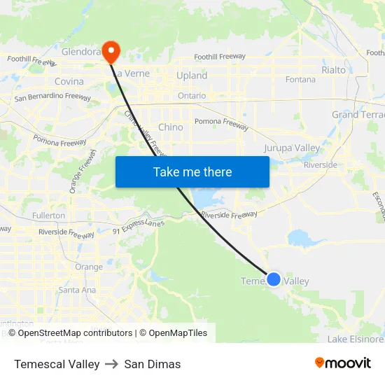Temescal Valley to San Dimas map