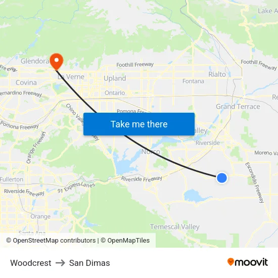 Woodcrest to San Dimas map