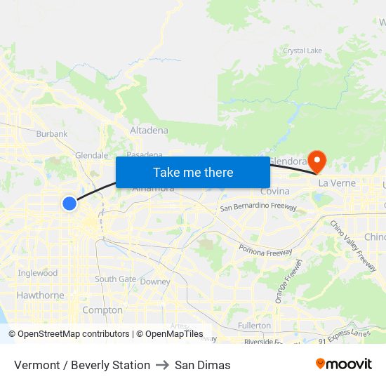 Vermont / Beverly Station to San Dimas map