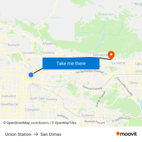 Union Station to San Dimas map