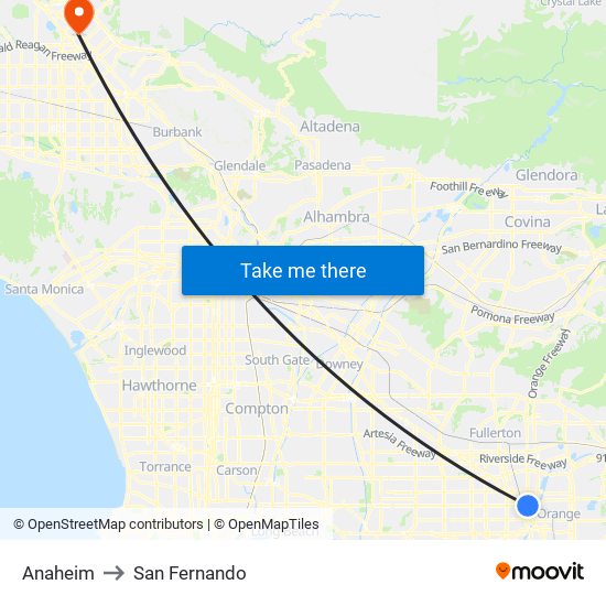 Anaheim to San Fernando map