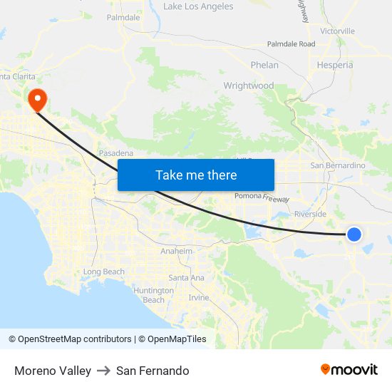 Moreno Valley to San Fernando map