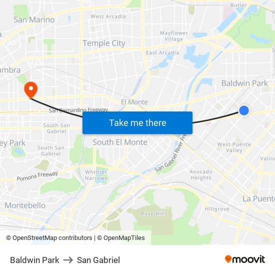 Baldwin Park to San Gabriel map