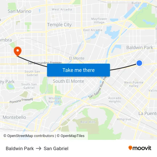 Baldwin Park to San Gabriel map
