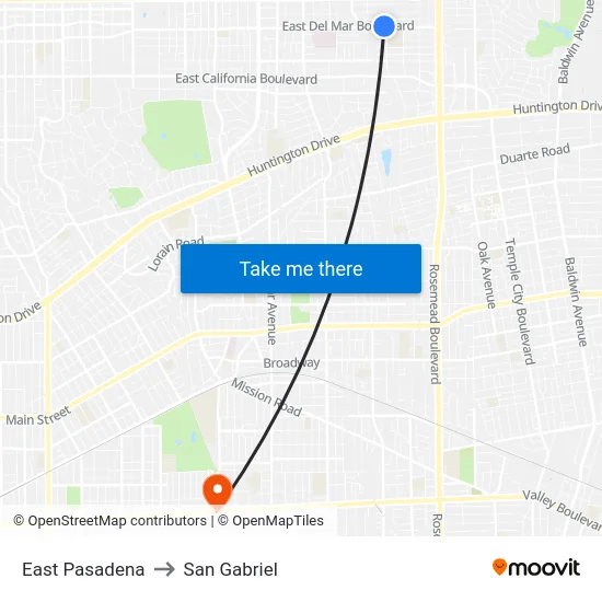East Pasadena to San Gabriel map
