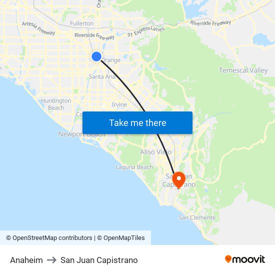 Anaheim to San Juan Capistrano map