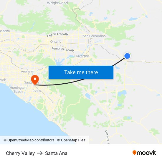 Cherry Valley to Santa Ana map