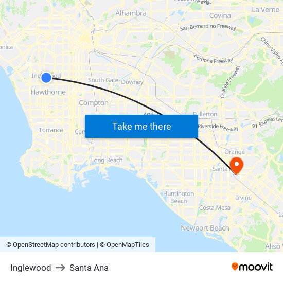 Inglewood to Santa Ana map