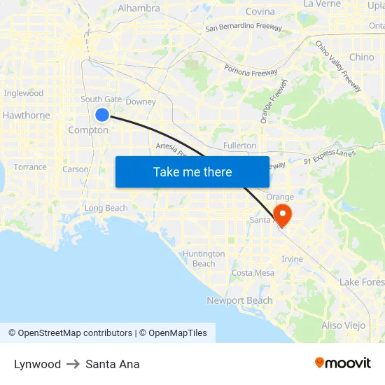Lynwood to Santa Ana map